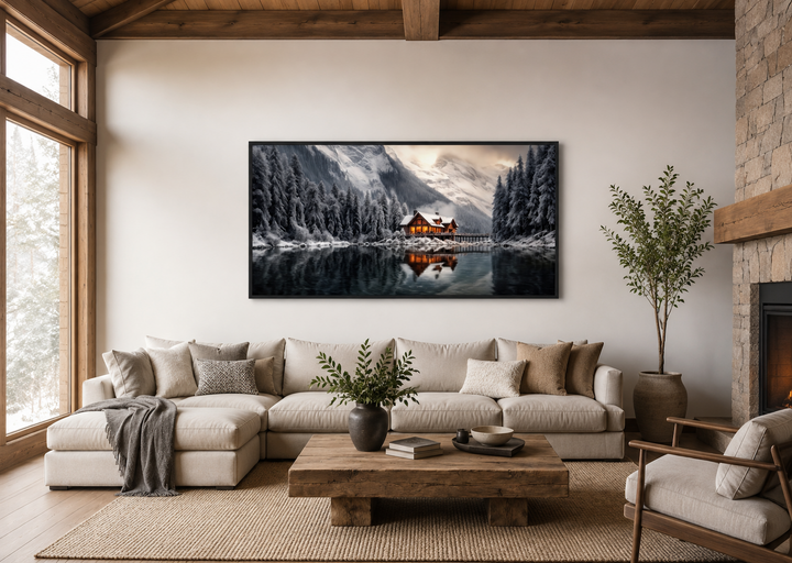 Panoramic framed canvas wall art of a cozy winter cabin reflected in a lake above a neutral sofa.