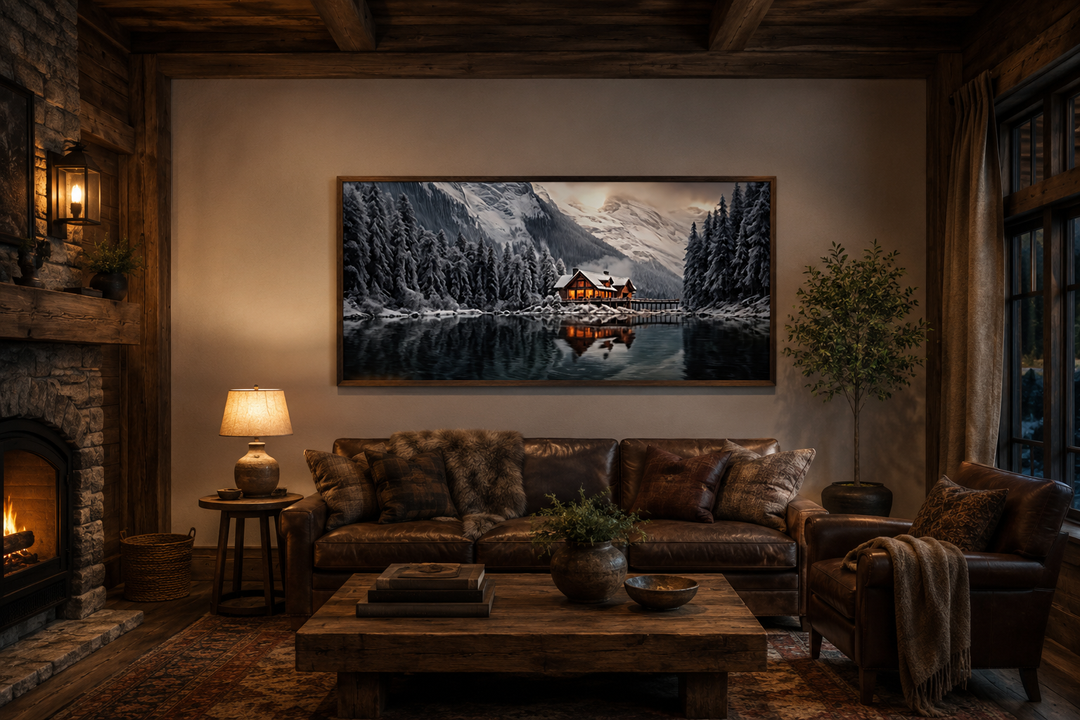 Panoramic framed canvas wall art of a cozy winter cabin reflected in a serene mountain lake.