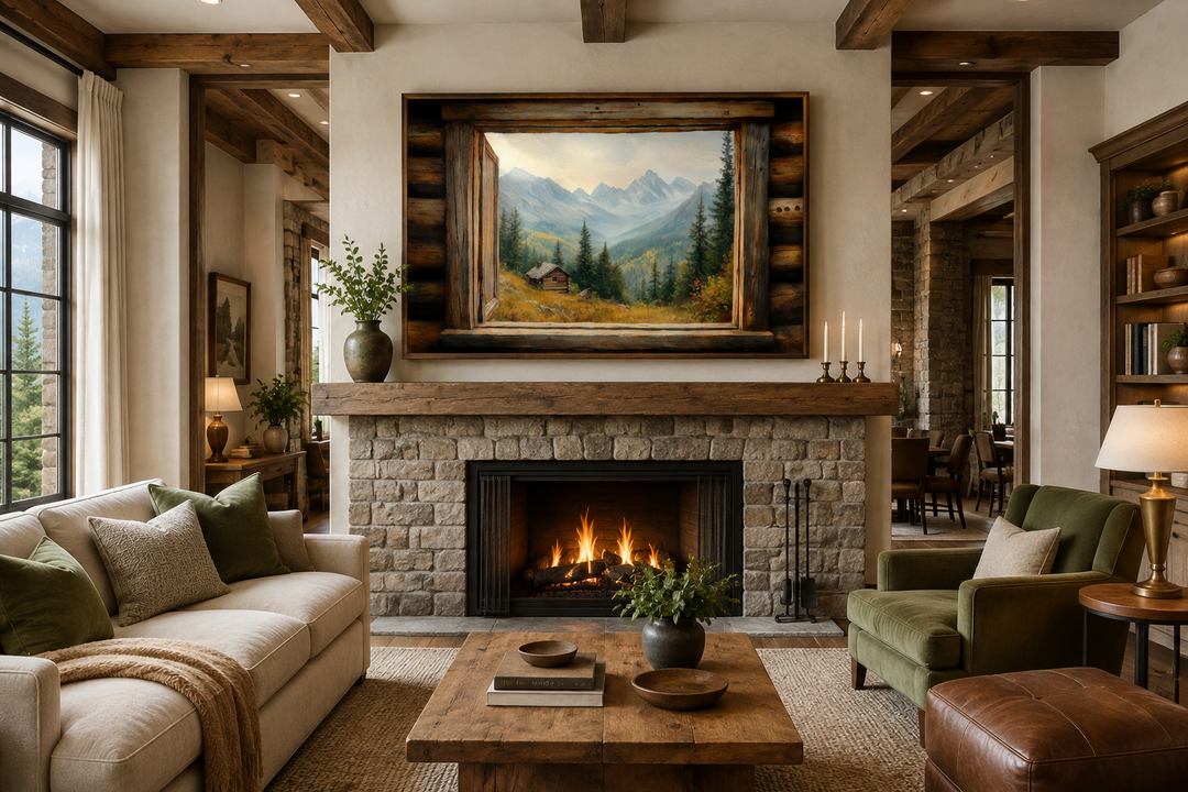 Mountain cabin landscape painting framed as an open window above a stone fireplace in a cozy room.