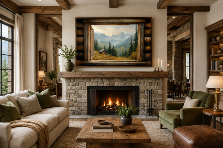 Mountain cabin landscape painting framed as an open window above a stone fireplace in a cozy room.