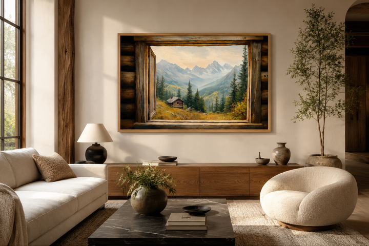 Mountain cabin landscape painting framed by a rustic wooden window on a living room wall.