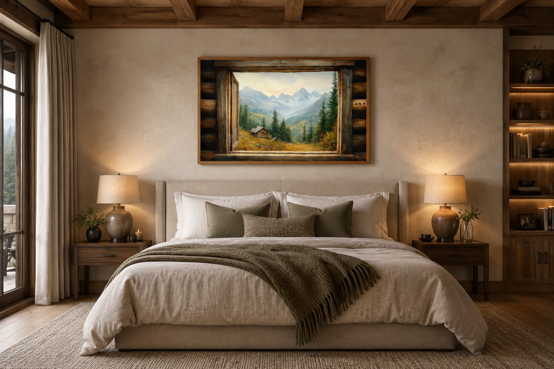 Mountain cabin landscape painting framed as an open window above a bed in a rustic bedroom.