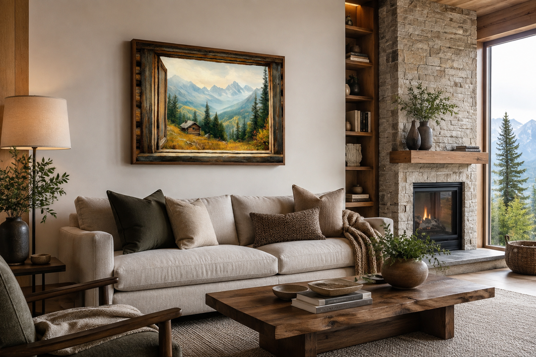 Mountain cabin landscape canvas wall art framed by a rustic wooden window in a cozy living room.