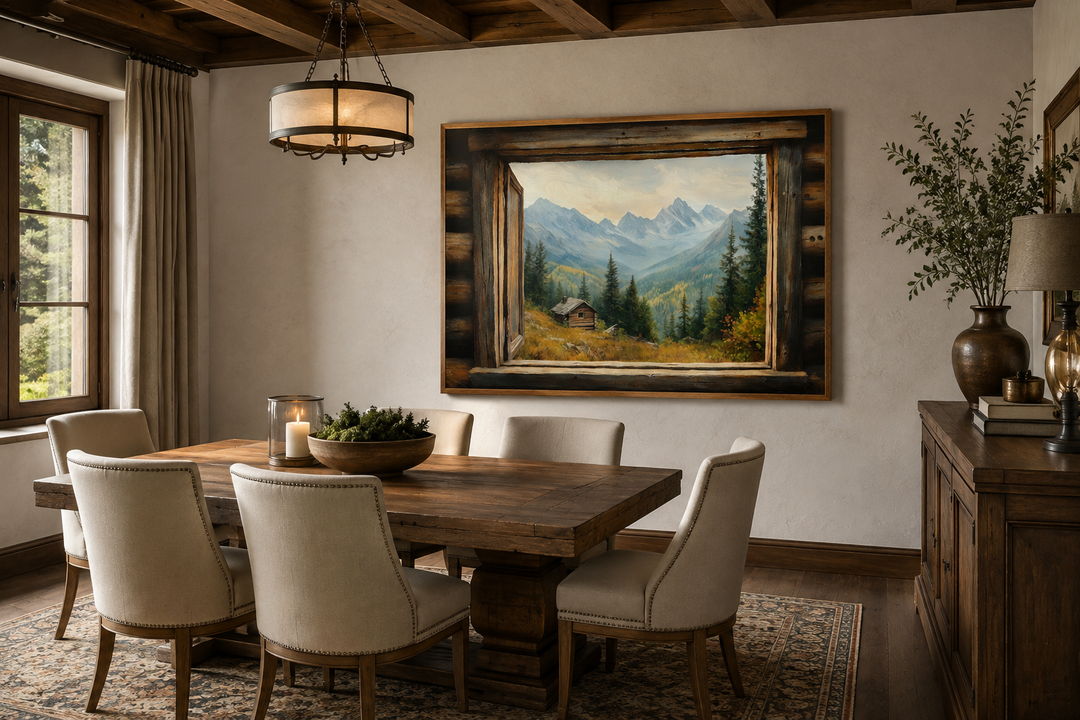 Mountain cabin landscape painting framed as an open window, hanging in a rustic dining room.