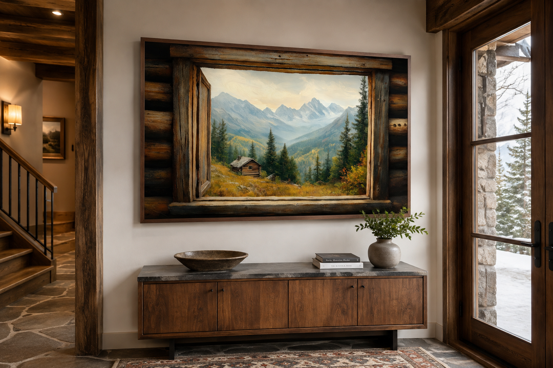 Mountain landscape painting of a cabin seen through a rustic open window frame on a white wall.