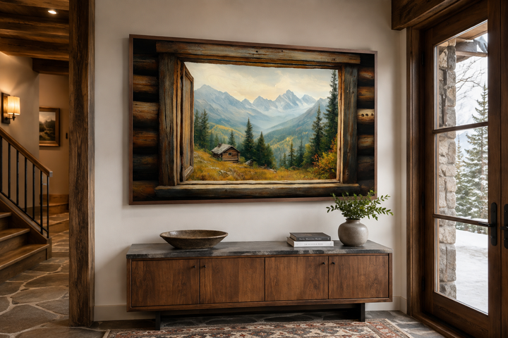 Mountain landscape painting of a cabin seen through a rustic open window frame on a white wall.
