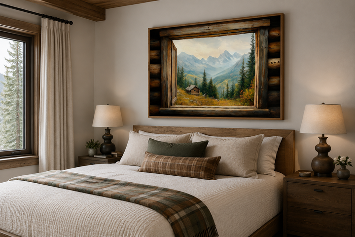 Mountain cabin landscape painting framed by a rustic wooden window, hanging above a bed.