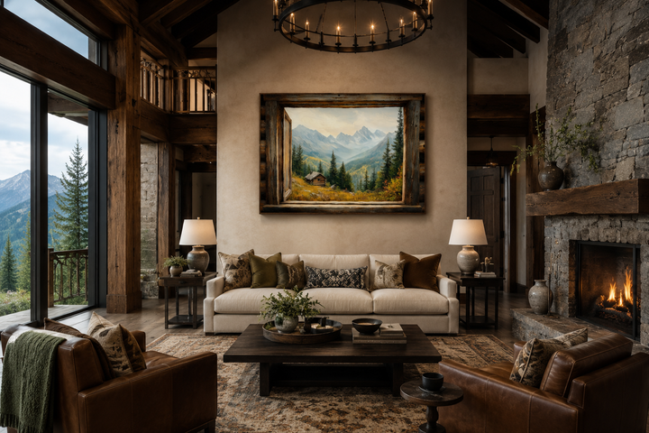 Mountain cabin landscape painting framed as an open window on a living room wall.
