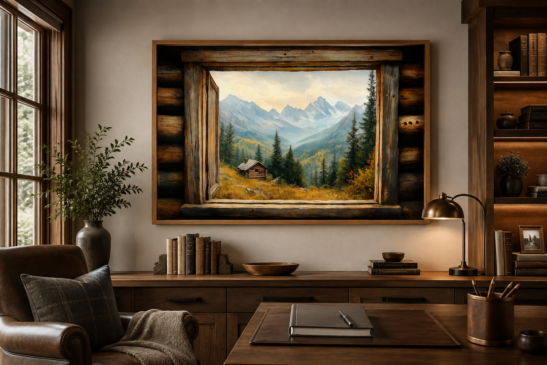 Mountain cabin landscape painting framed by a rustic wooden window on a home office wall.