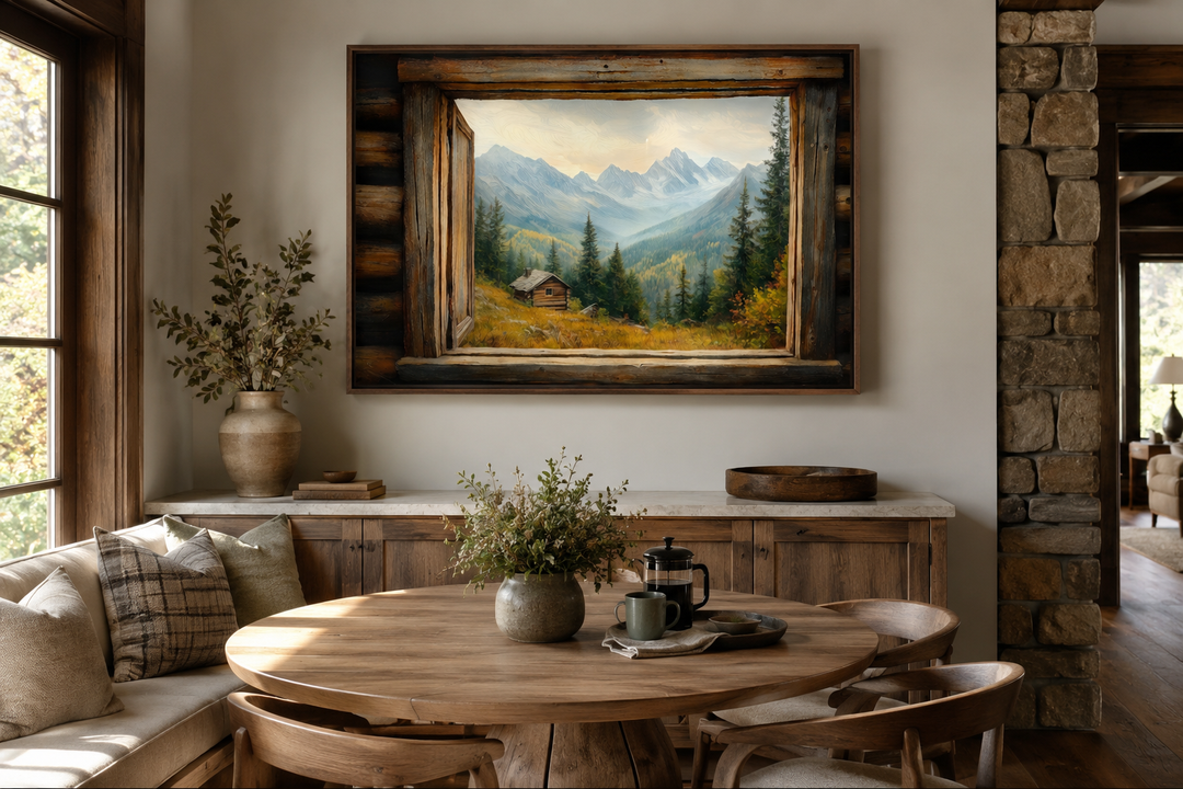 Mountain cabin seen through an open rustic window frame canvas wall art in a cozy dining room.