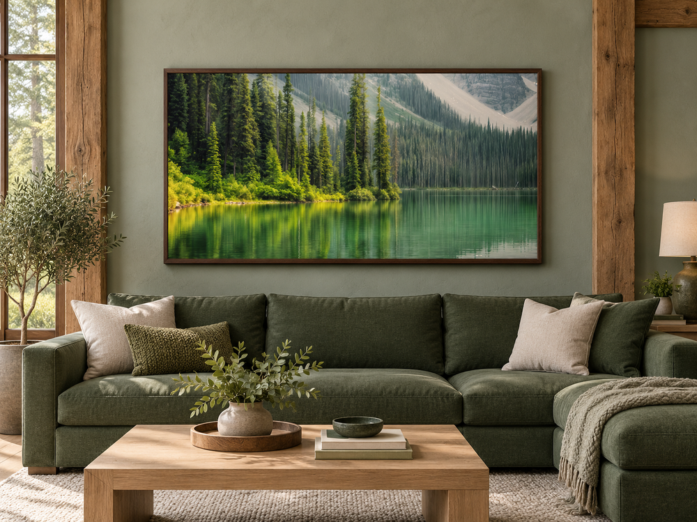 Tranquil mountain lake and forest reflection framed canvas wall art above a green sectional sofa.