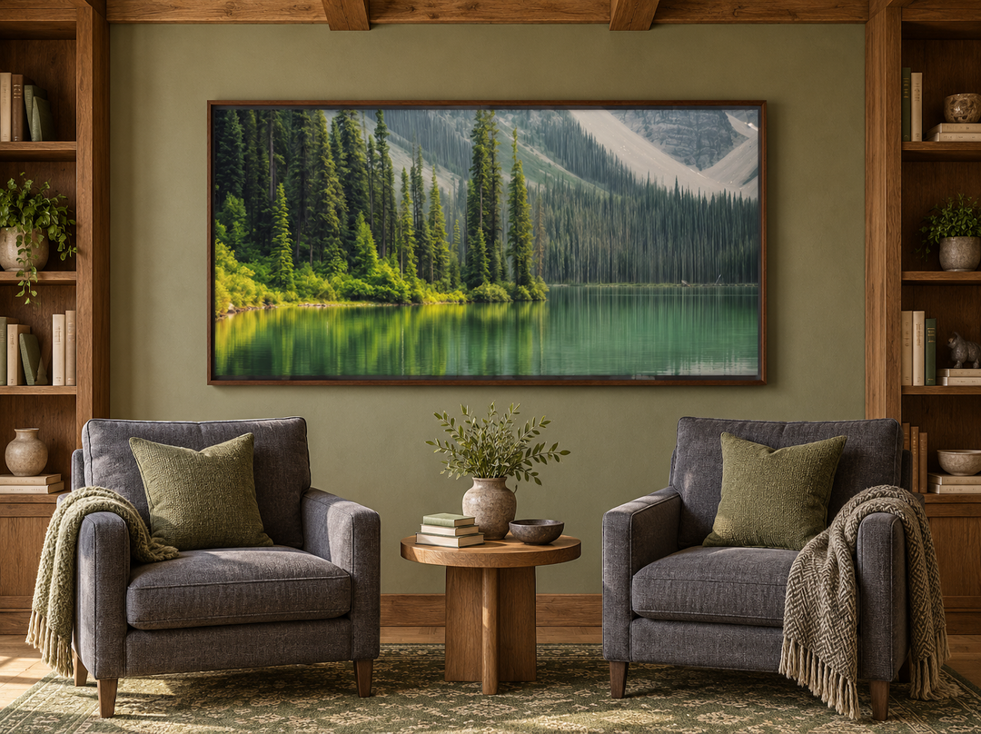 Tranquil mountain lake and forest reflection framed canvas wall art above two armchairs.