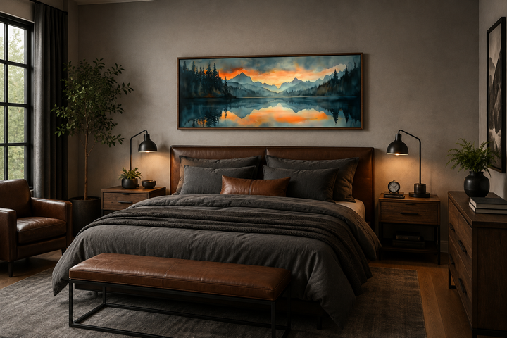 Mountain lake sunset watercolor landscape wall art in a horizontal frame above a bed.