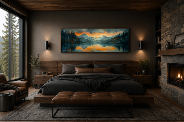 Mountain lake sunset watercolor landscape wall art hanging above a bed in a modern rustic bedroom.