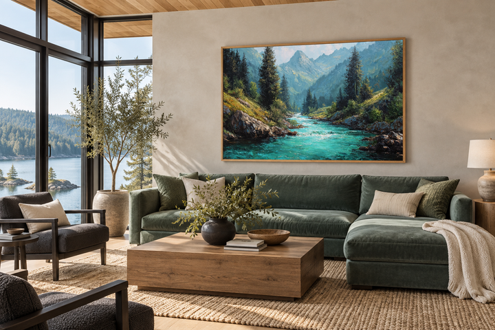 Mountain river forest landscape framed canvas wall art hanging above a green sectional sofa.