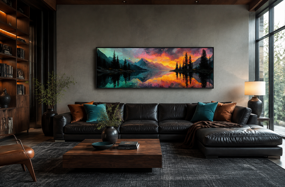 Colorful mountain sunset lake forest reflection long narrow wall art above a black leather sofa.