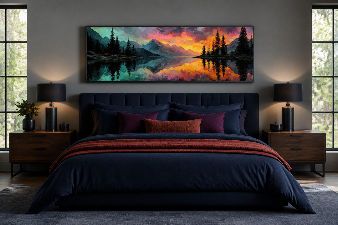 Colorful mountain sunset lake forest reflection long narrow wall art above a dark navy bed.