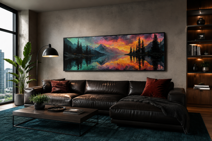 Colorful mountain sunset lake forest reflection long narrow wall art above a dark leather sofa.