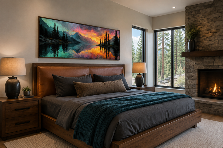 Colorful mountain sunset lake forest reflection long narrow wall art above a bed in a bedroom.