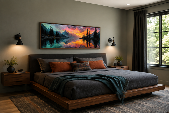 Colorful mountain sunset lake forest reflection long narrow wall art above a bed in a bedroom.