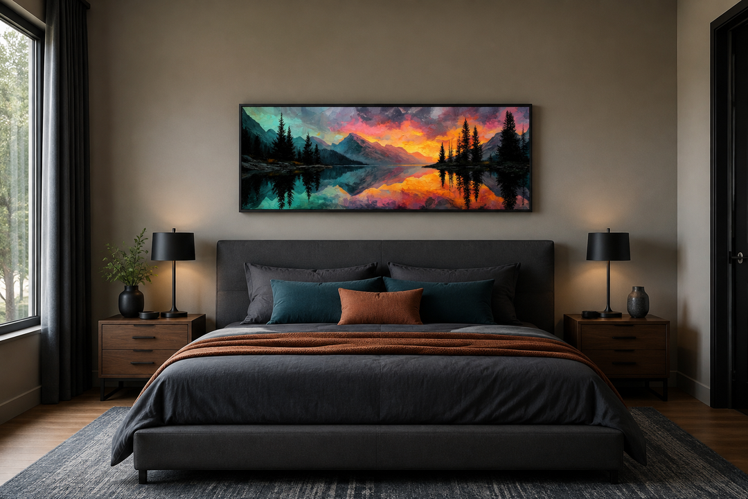 Colorful mountain sunset lake forest reflection wall art above a bed in a modern bedroom.