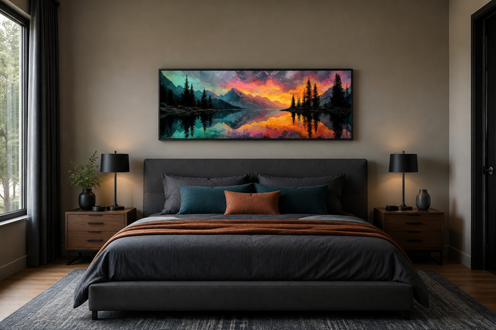 Colorful mountain sunset lake forest reflection wall art above a bed in a modern bedroom.