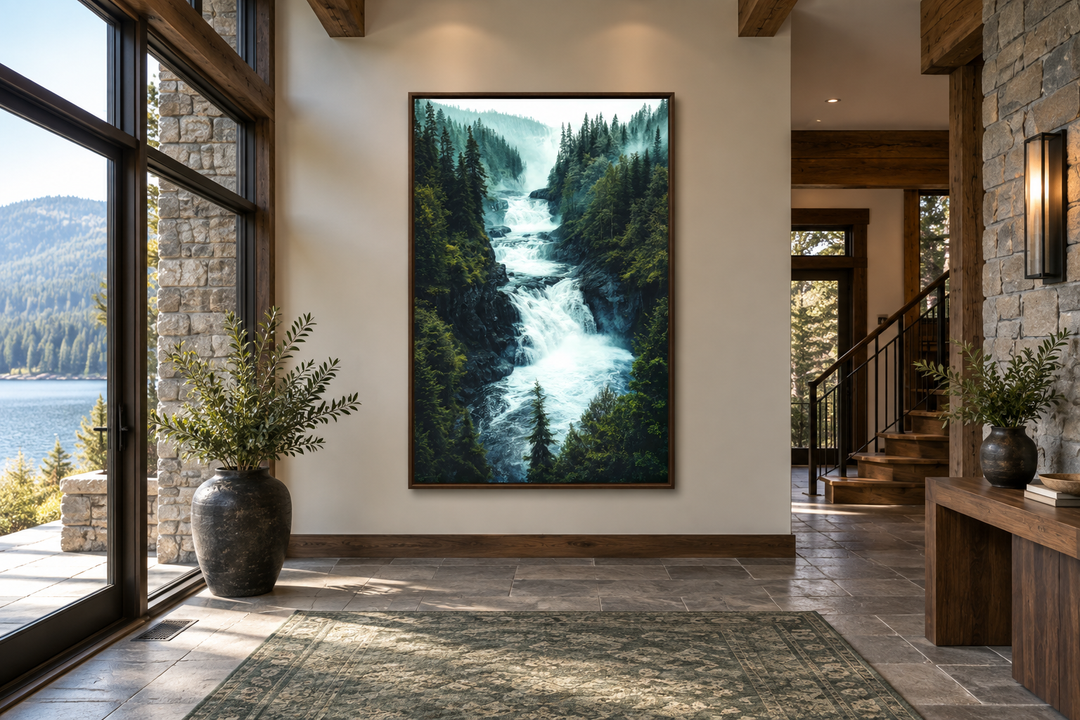 Vertical canvas print of a rushing mountain waterfall surrounded by a dense pine forest.