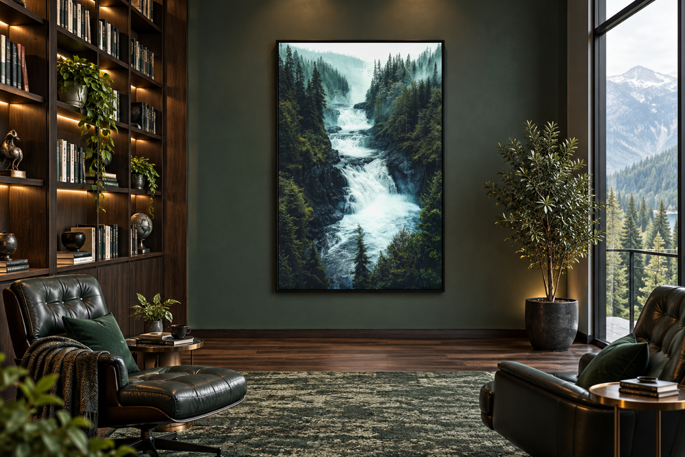 Vertical canvas print of a rushing mountain waterfall surrounded by a dense pine forest.
