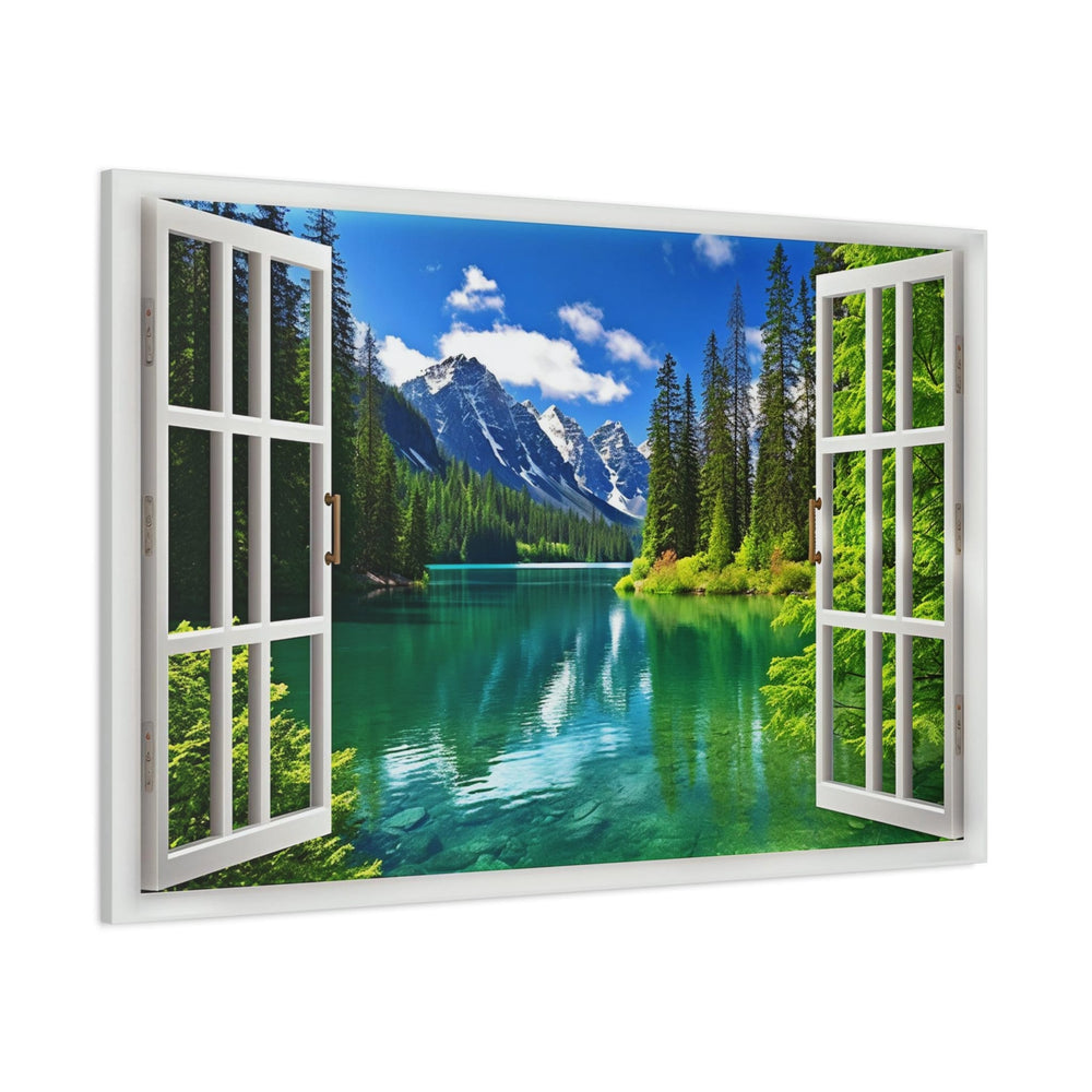 Mountains and emerald lake fake window view wall art with white frame and open shutters.