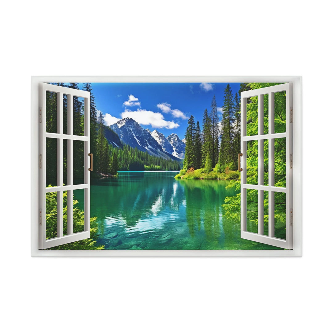 Mountains and emerald lake fake window view wall art with open white frame and scenic nature view.