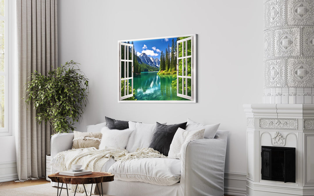 Mountains And Emerald Lake Fake Window View Wall Art