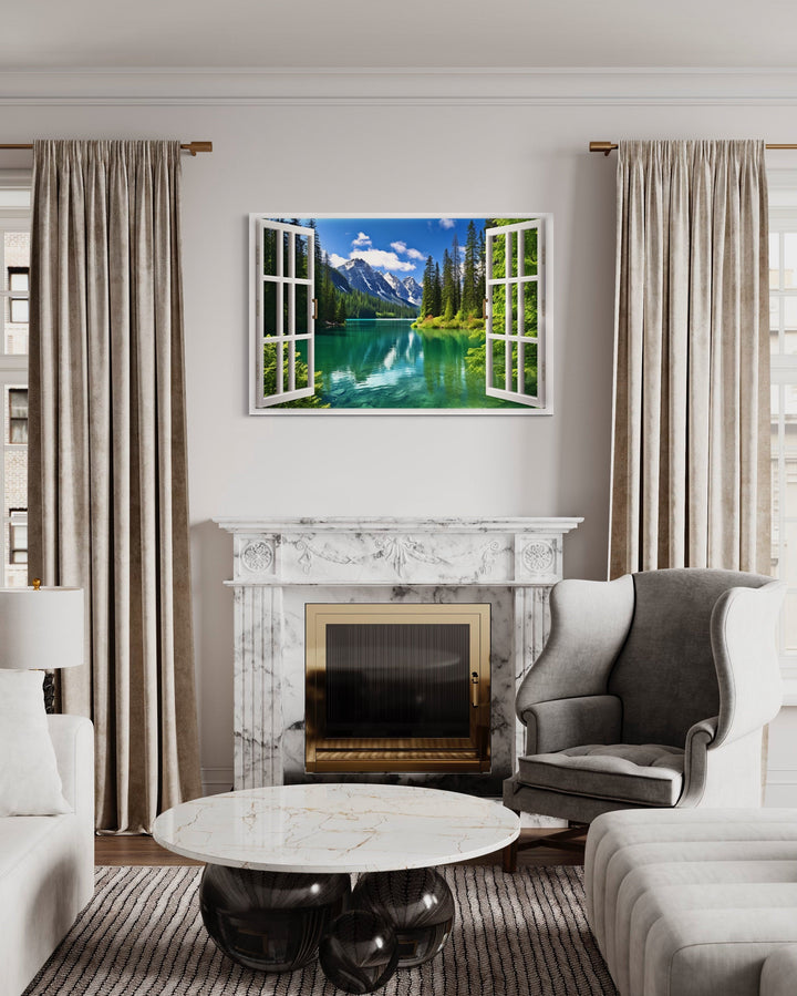 Mountains And Emerald Lake Fake Window View Wall Art