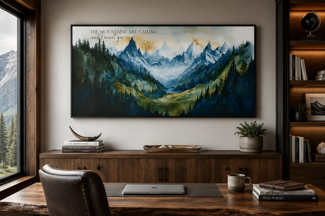 Framed watercolor mountain landscape art with the quote The Mountains Are Calling And I Must Go.