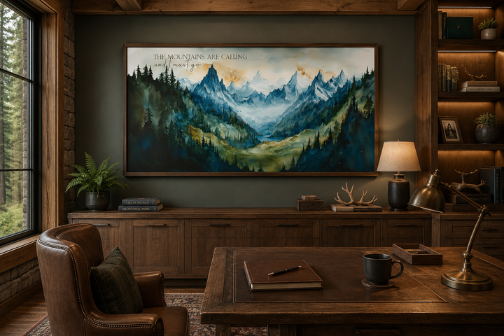 Framed watercolor mountain landscape wall art with the quote The Mountains Are Calling And I Must Go.
