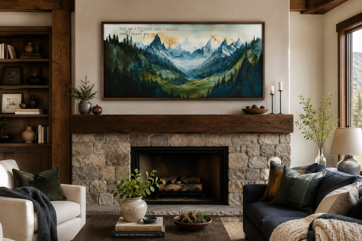 Framed watercolor mountain landscape art with the quote The mountains are calling and I must go.