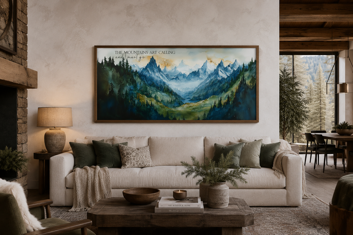 Framed mountain landscape wall art with the quote 'The mountains are calling and I must go'.