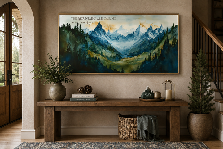 Framed watercolor mountain landscape wall art with the quote The Mountains Are Calling And I Must Go.