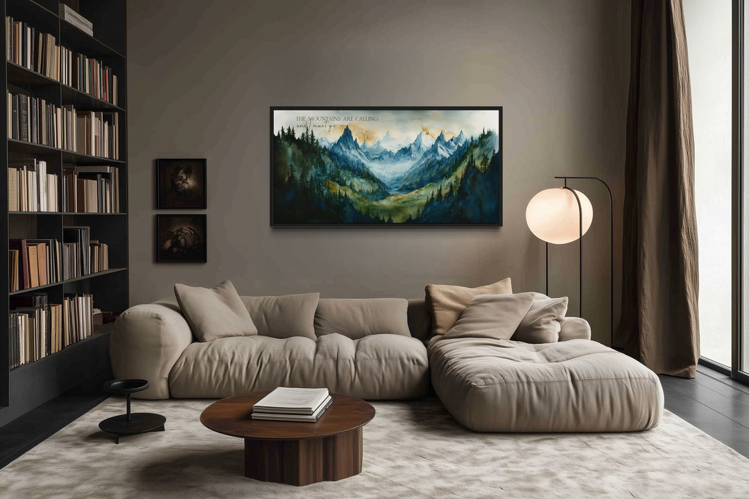 Framed mountain landscape wall art with the quote 'The mountains are calling and I must go'.