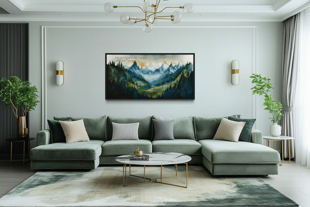 Framed mountain landscape wall art with the quote 'The mountains are calling and I must go'.