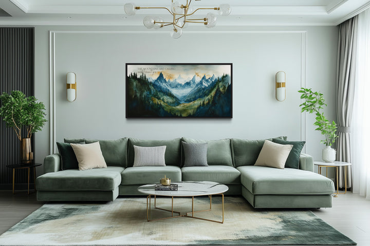 Framed mountain landscape wall art with the quote 'The mountains are calling and I must go'.