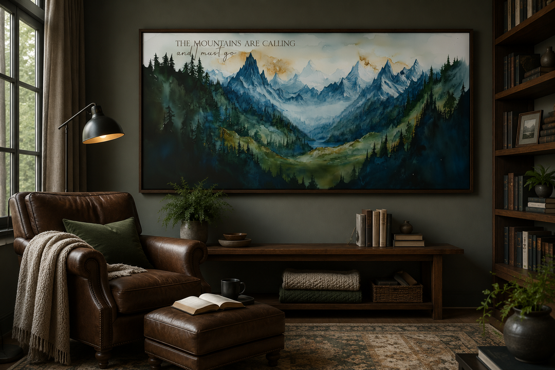 Framed watercolor mountain landscape wall art with the quote The Mountains Are Calling and I Must Go.