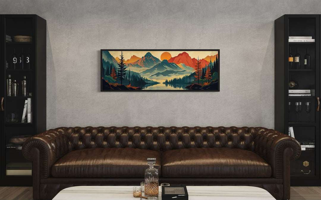 Horizontal landscape canvas wall art of mountains, forest, and a lake in mid-century modern style.