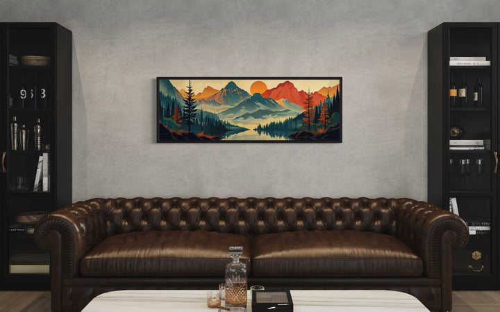 Horizontal landscape canvas wall art of mountains, forest, and a lake in mid-century modern style.