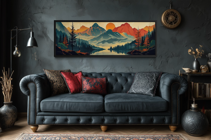 Horizontal landscape canvas wall art of mountains, forest, and a lake in mid-century modern style.