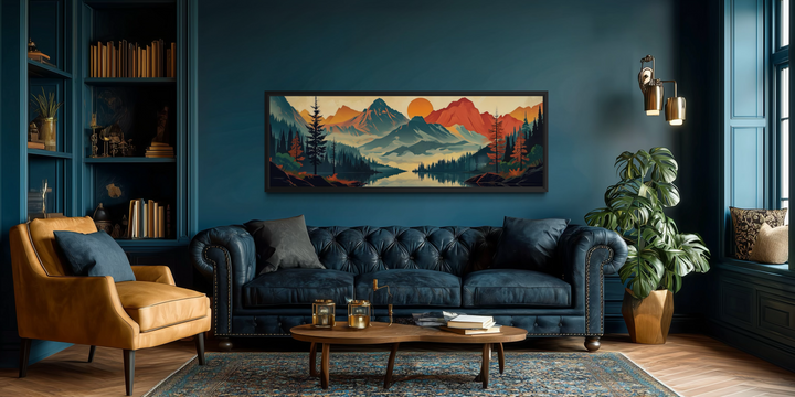 Horizontal mid-century modern canvas wall art featuring a mountain, forest, and lake landscape.