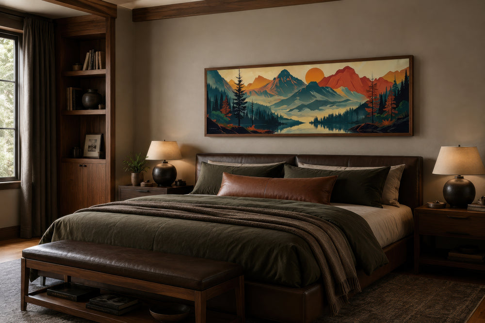 Mid-century modern horizontal canvas art of mountains, forest, and lake above a bed.