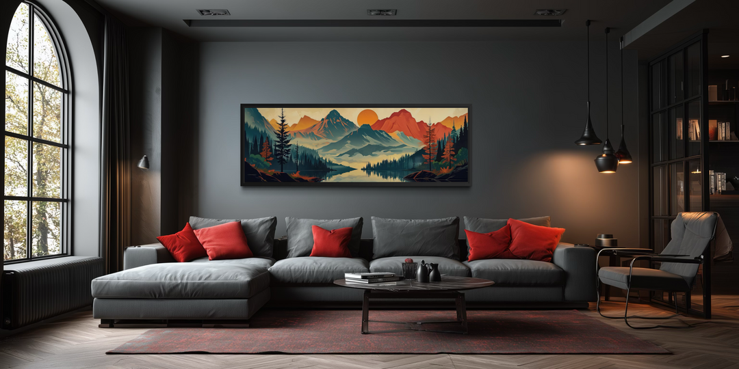 Horizontal landscape canvas wall art of mountains, forest, and a lake in mid-century modern style.
