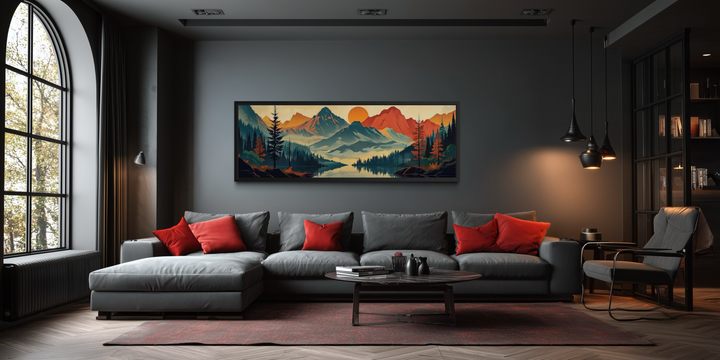 Horizontal landscape canvas wall art of mountains, forest, and a lake in mid-century modern style.