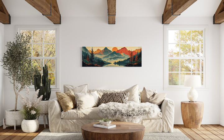 Mountains, Forest And Lake Mid Century Modern Horizontal Landscape Canvas Wall Art