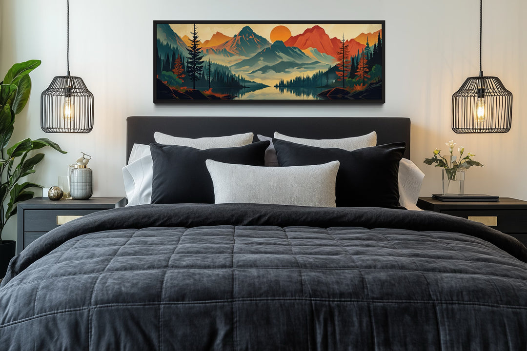 Mid-century modern horizontal canvas wall art featuring a mountain, forest, and lake landscape.